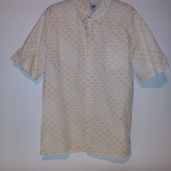 Adidas Button Up Shirt Mens XL Cream Beige Trefoil Allover Print Logo Short Slee - Picture 4 of 9